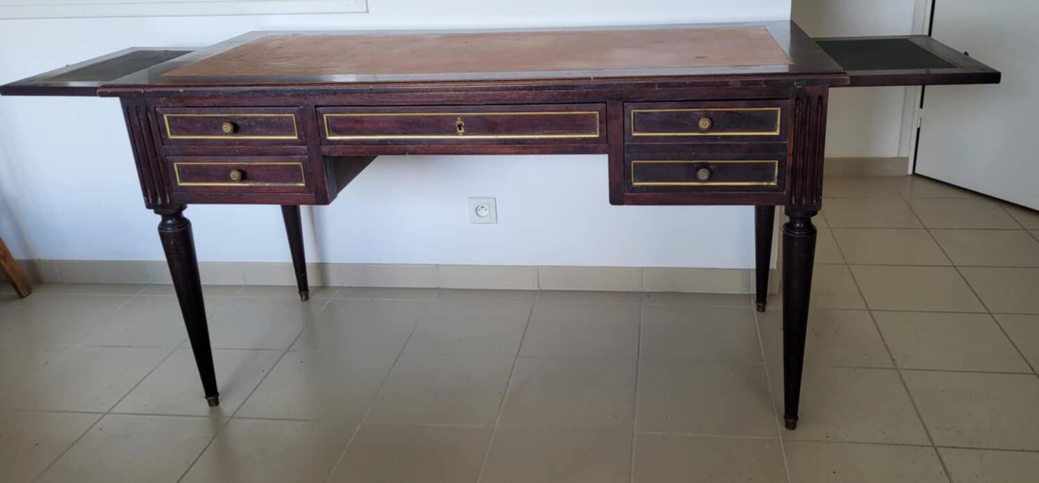 Antique Louis XVI style desk – solid wood + leather + extensions