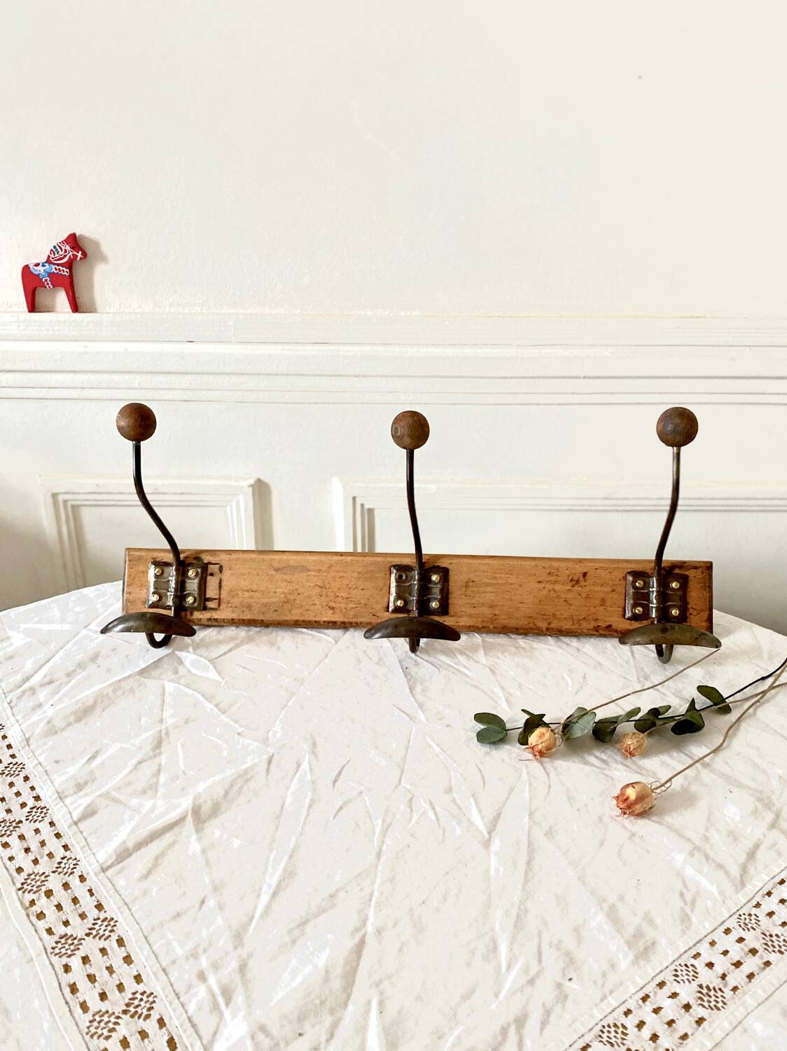 Vintage wood and metal coat hook 3 hooks