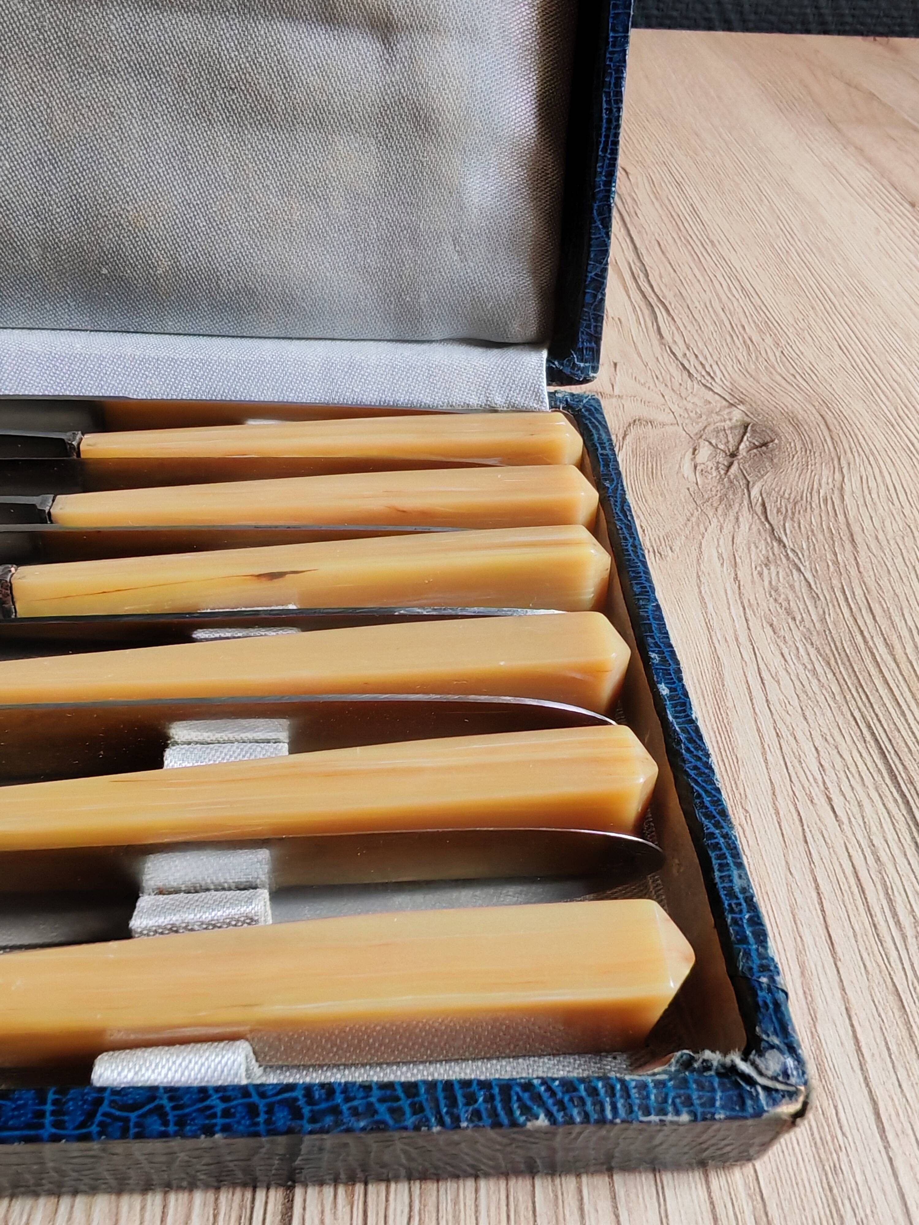 Coffret 12 couteaux de table vintage | Manches bakélite ivoire