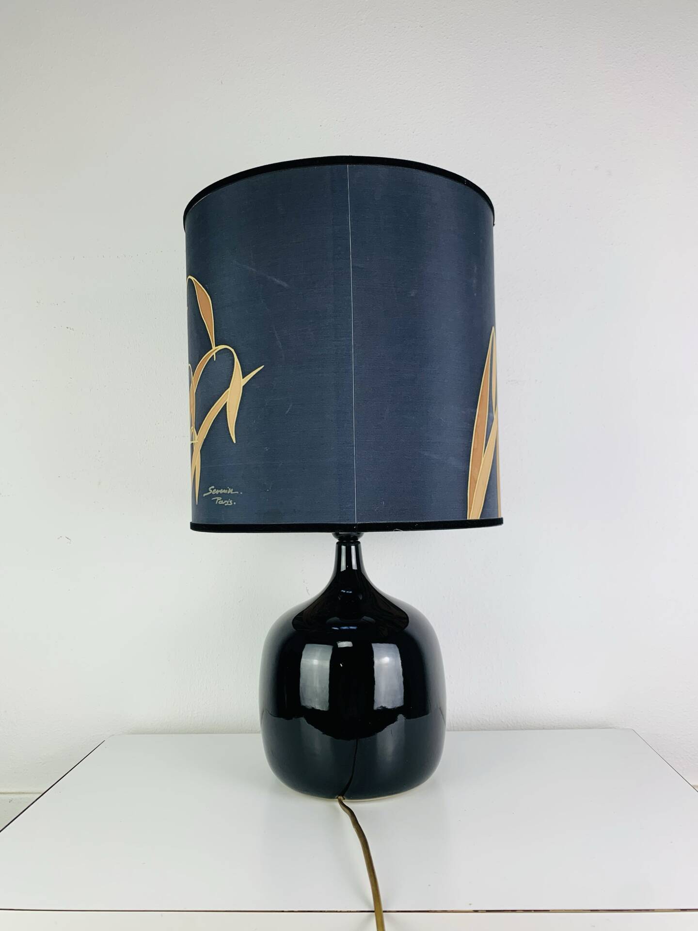 "Fig" lamp, black ceramic and silk shade, 1960s.