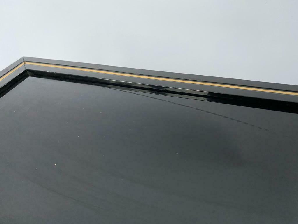 Coffee table laque Pierre Vandel 1980 metal black glass smokes