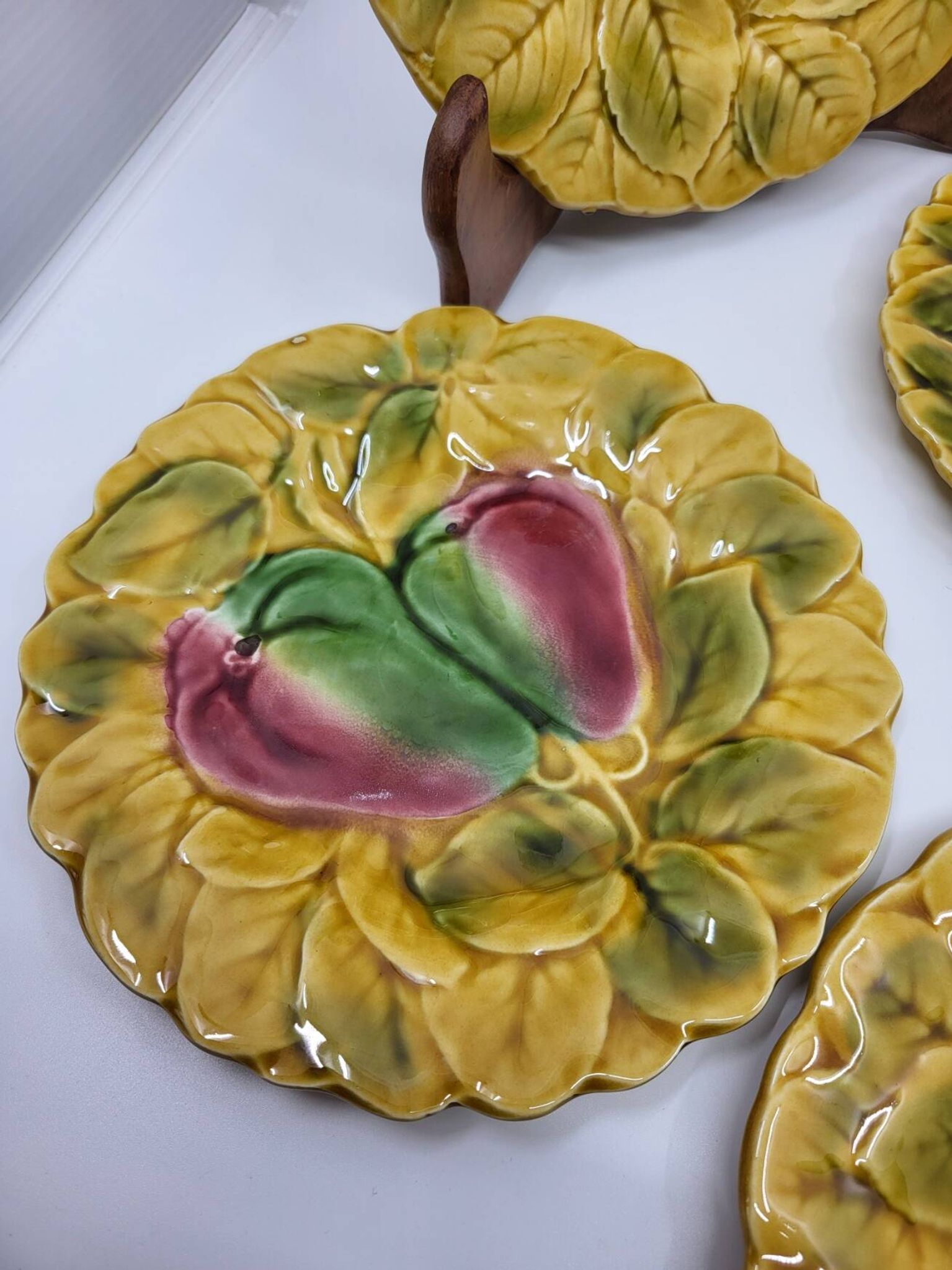 Sarreguemines dessert plates in barbotine with fruit decoration French Vintage