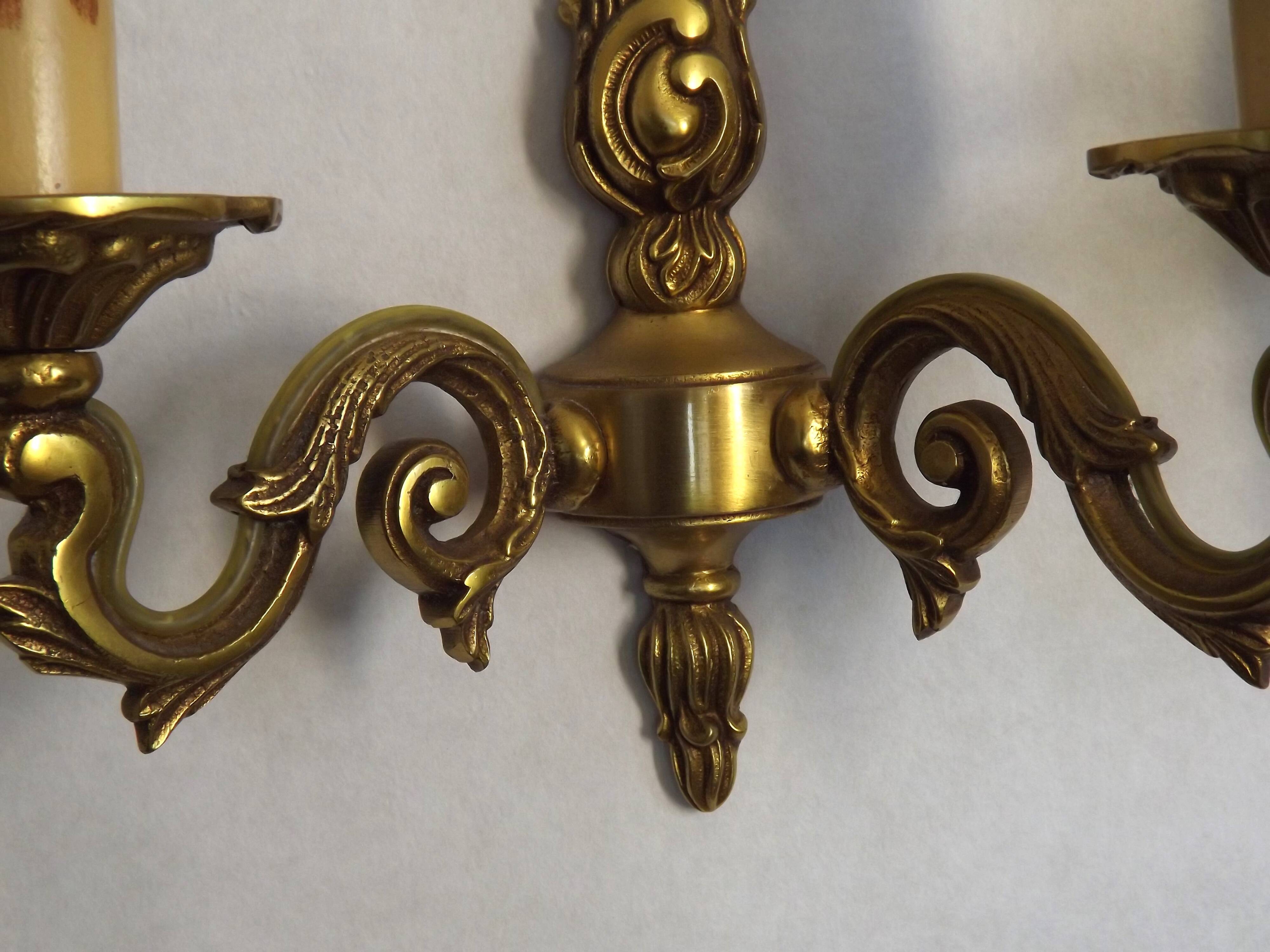 Pair of French Traditional Style Bronze Mid Century Double Wall Lights