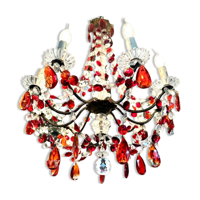 Lustre 9 feux ancien à pampilles en cristal rouge