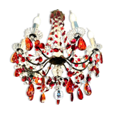 Antique chandelier with red crystal pendants, 9 lights.