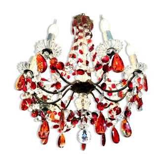 Antique chandelier with red crystal pendants, 9 lights.