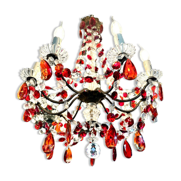 Antique chandelier with red crystal pendants, 9 lights.