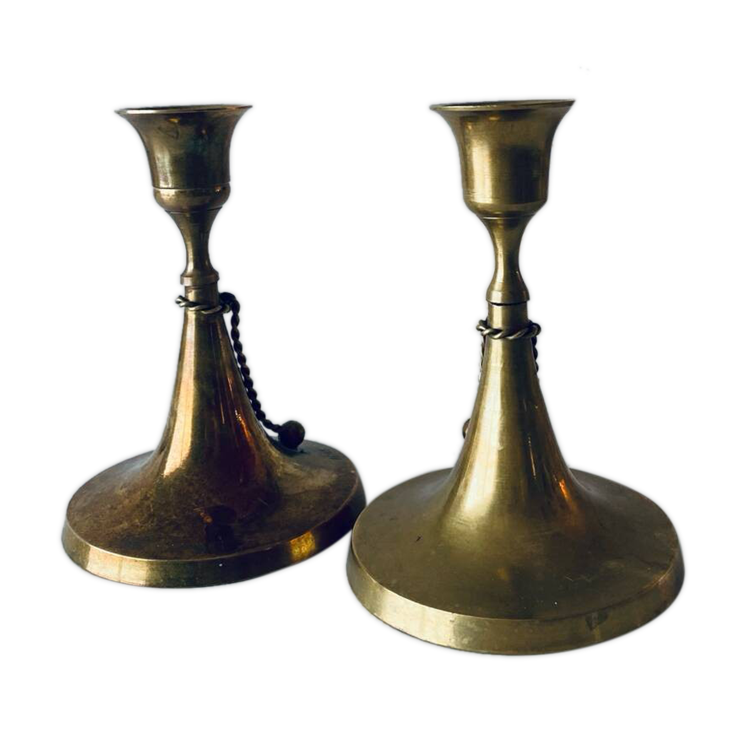 Pair of brass cord candle holders