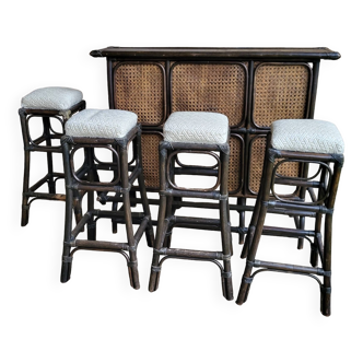 Bar and its 4 rattan stools from the 70s