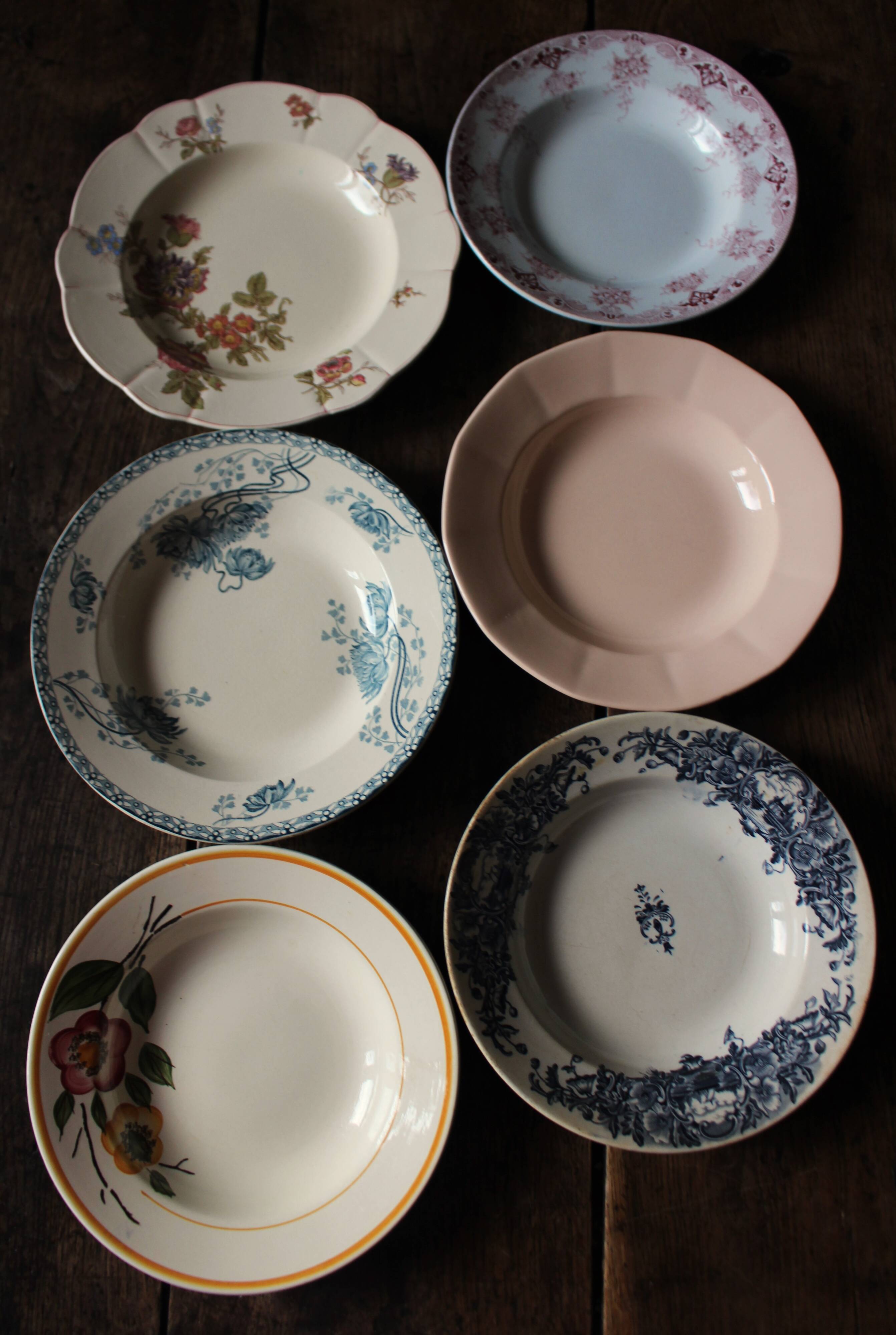 6 mismatched Terre de Fer soup plates from Digoin Sarreguemines