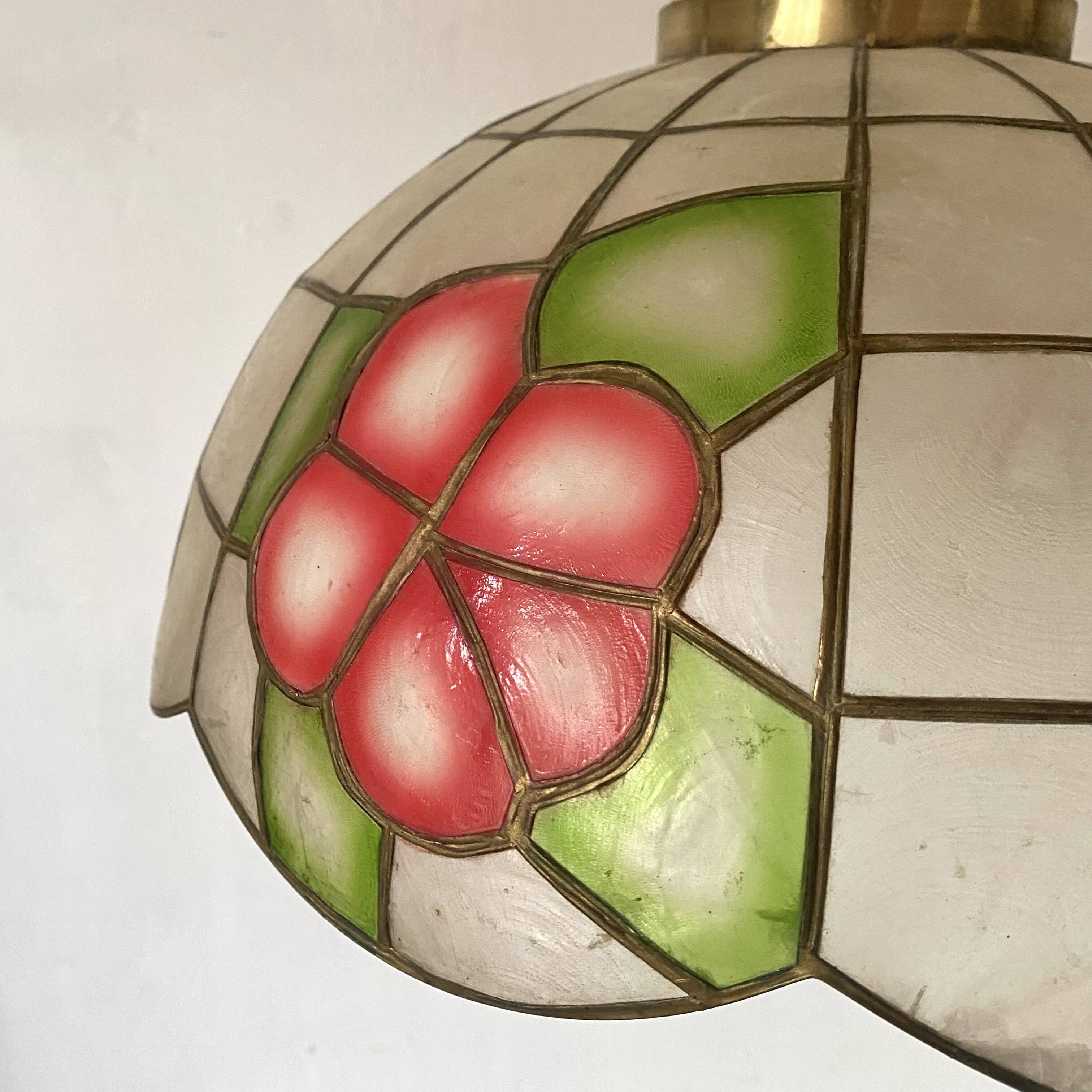 Vintage mother-of-pearl and brass flower pendant light