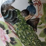 Chinese polychrome porcelain base. Peacock/birds of paradise designs. Corolla-shaped collar with ribbon. 30 x 15 cm