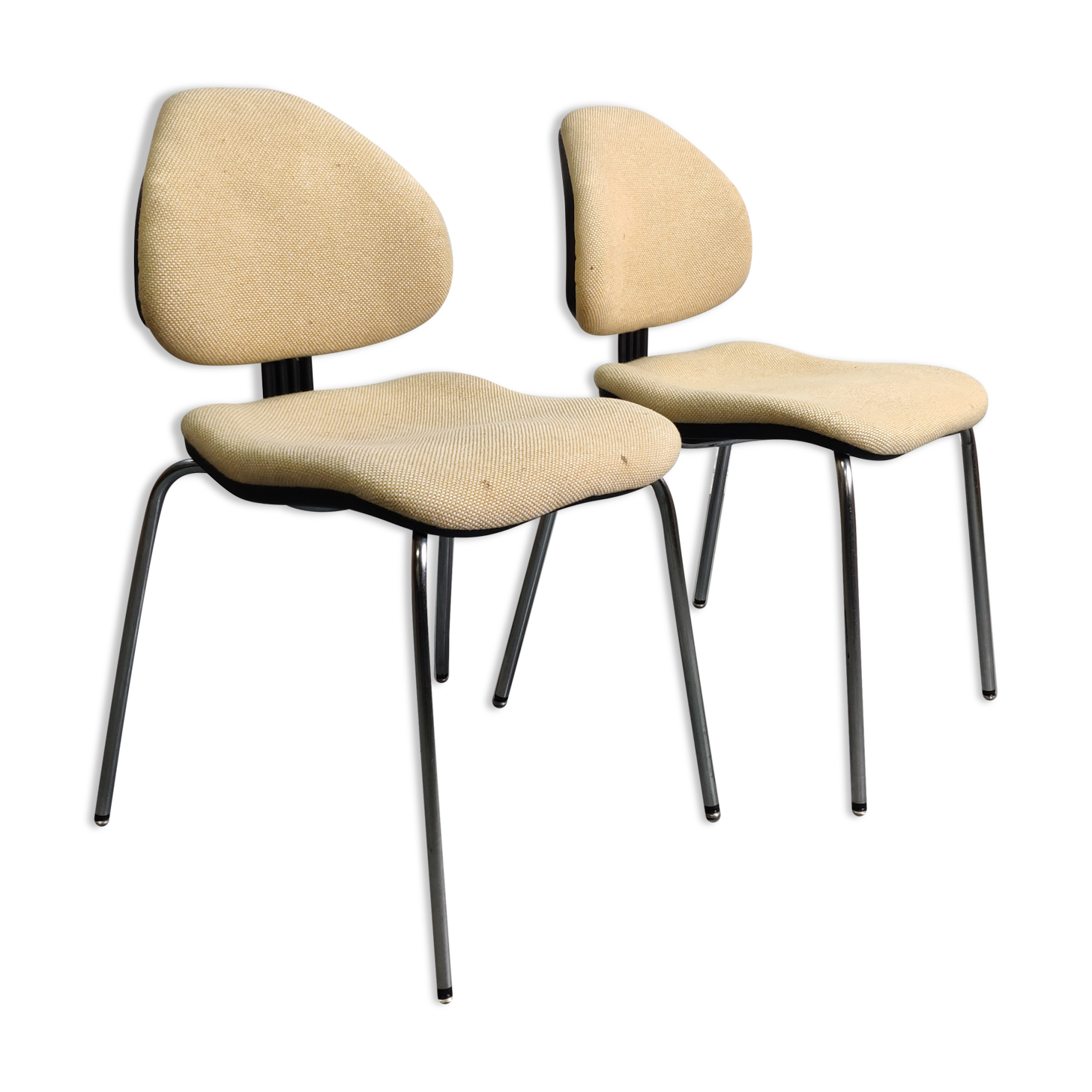 Pair of vintage chrome office chairs and beige fabric circa 70