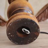 Table lamp in turned wood and umbrella-style leather lampshade