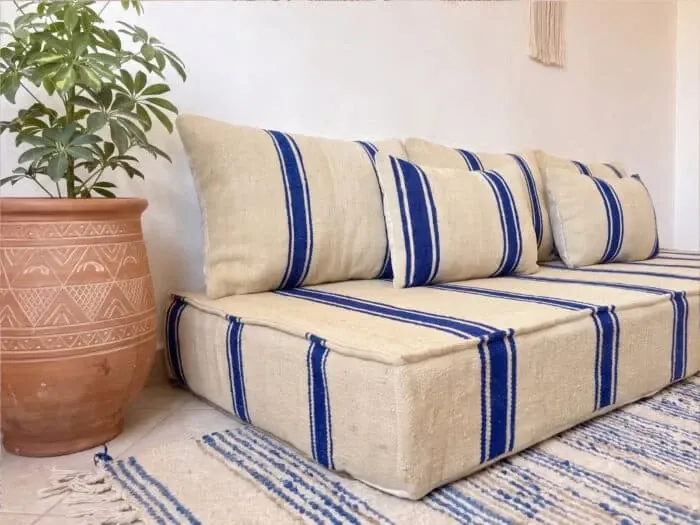 Royal blue striped floor cushion – Hanbel in handwoven ivory wool