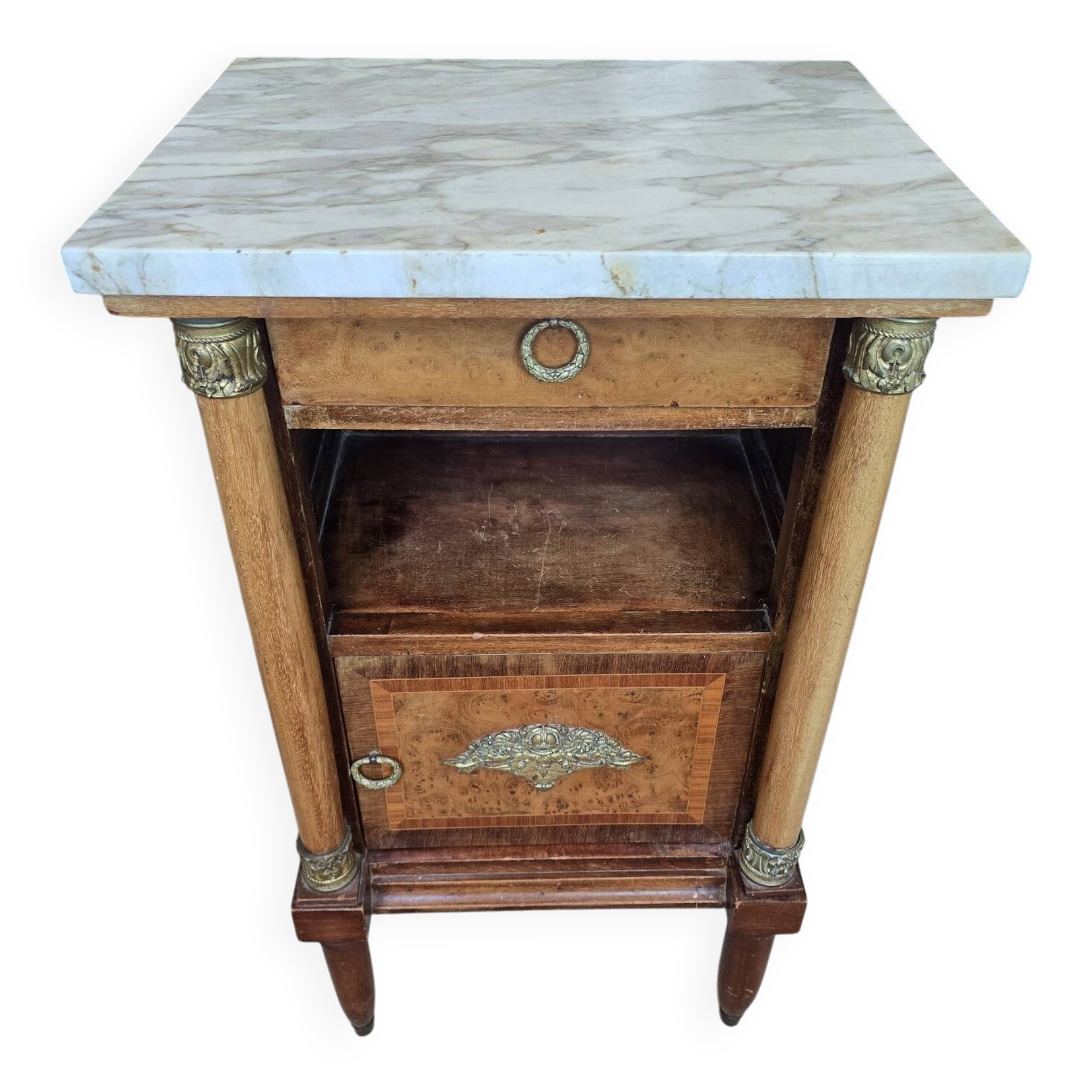 Antique Empire-style bedside table with marble top.