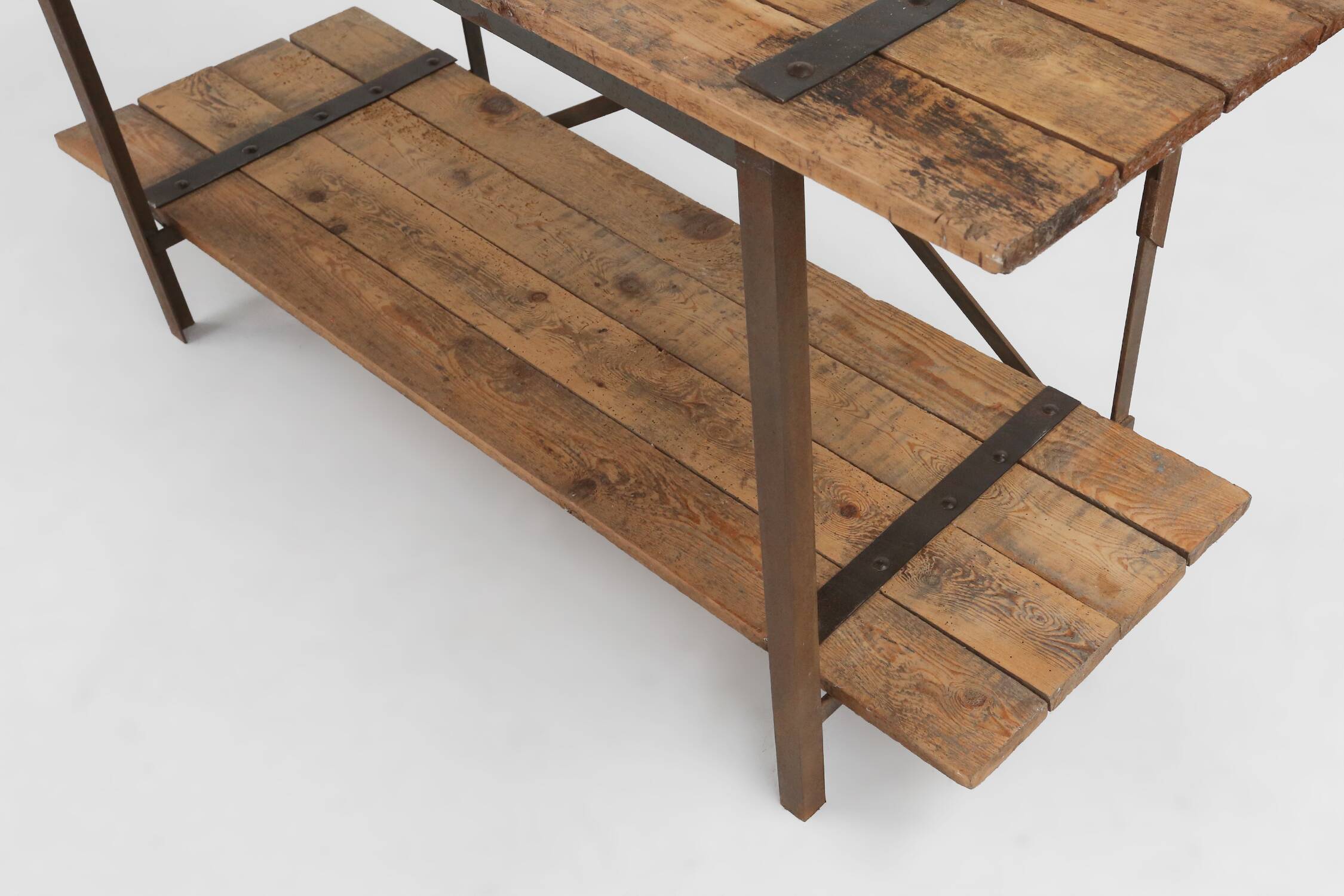 Industrial side table with metal frame and wooden top and removable platform, Belgium, 1920