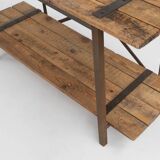 Industrial side table with metal frame and wooden top and removable platform, Belgium, 1920