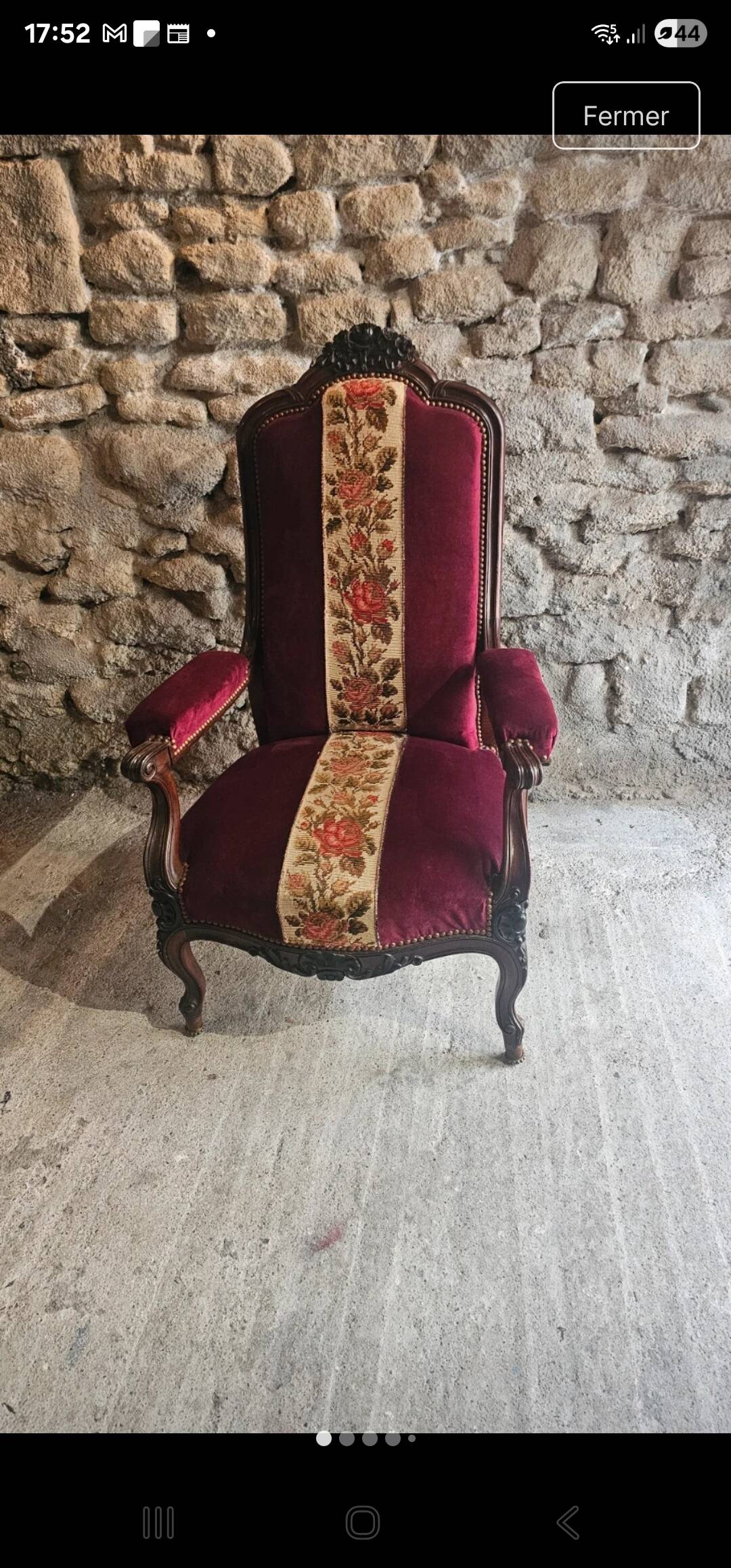 Louis-Philippe armchair in mahogany and burgundy velvet, floral decoration.
