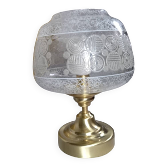 Table lamp with gold metal base, frosted glass globe,