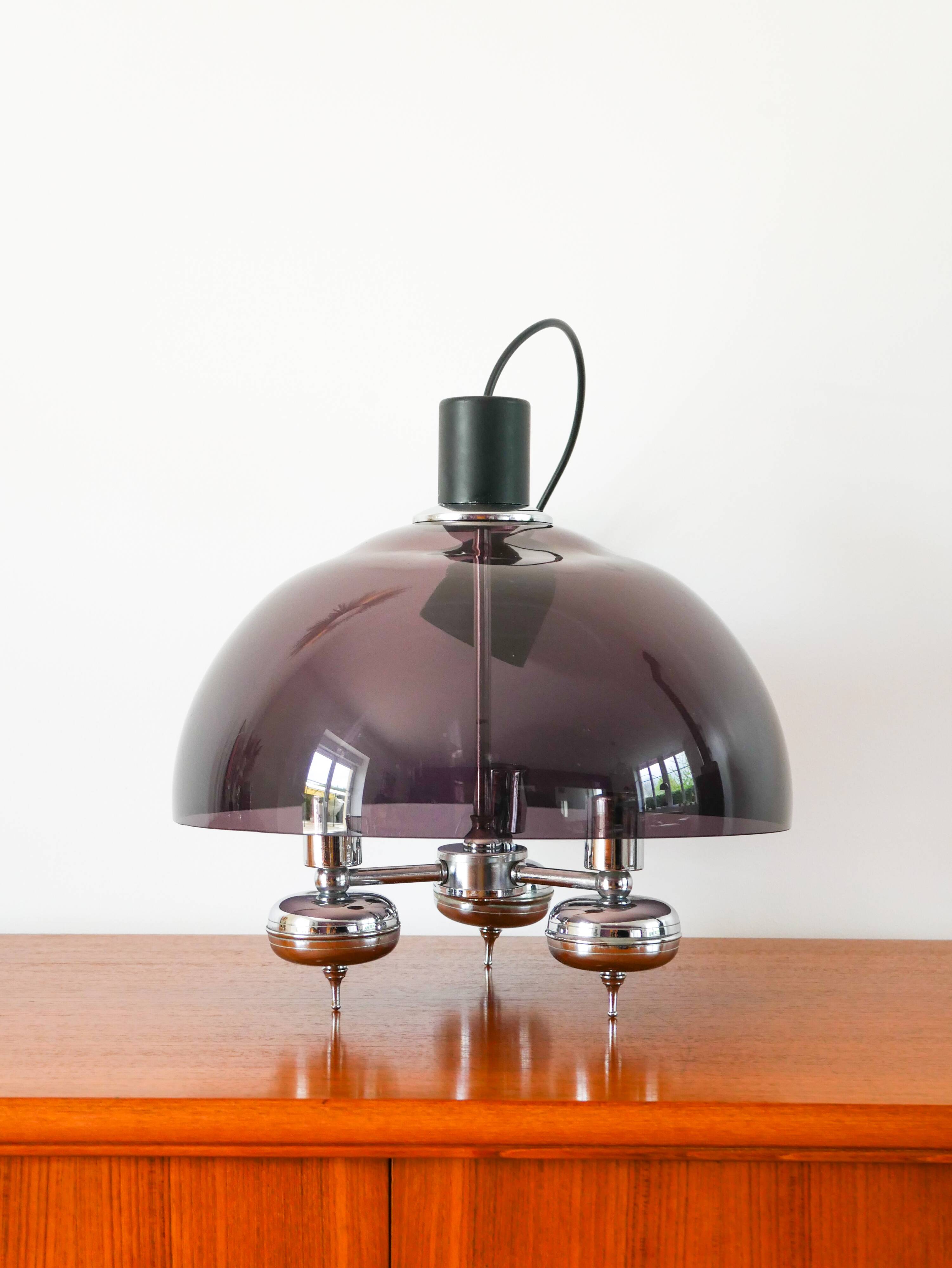 Three-branched chandelier in smoked plexi and chrome, Space Age, 1970