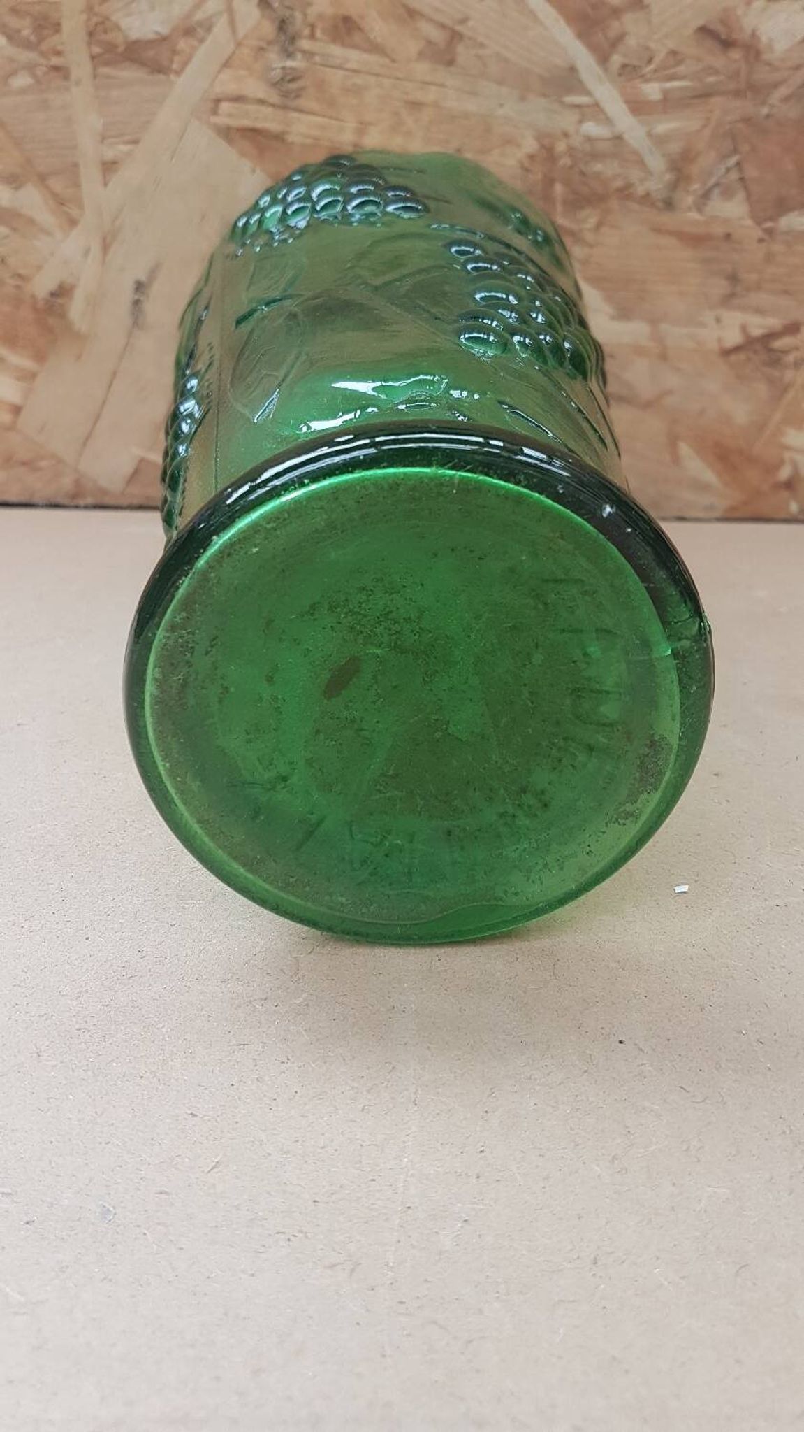 Old green molded glass vase vintage grape cluster decor