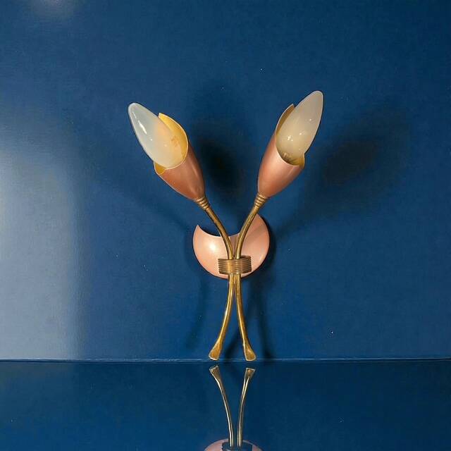 Vintage 1950s brass double wall sconce in the Italian Stilnovo style