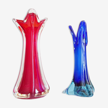 Vases en verre de Murano rouge et bleu