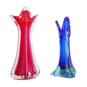 Vases en verre de Murano rouge et bleu