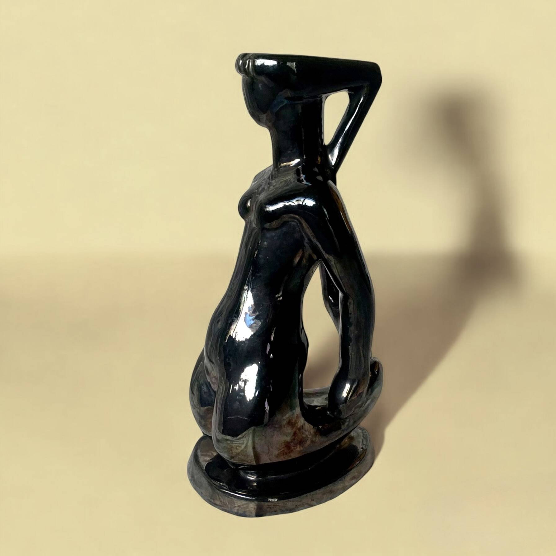 Old Vallauris soliflore vase in pearly black ceramic - female body