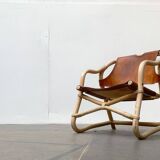 Mid-century safari lounge chair in bamboo and Danish leather, 1960s.