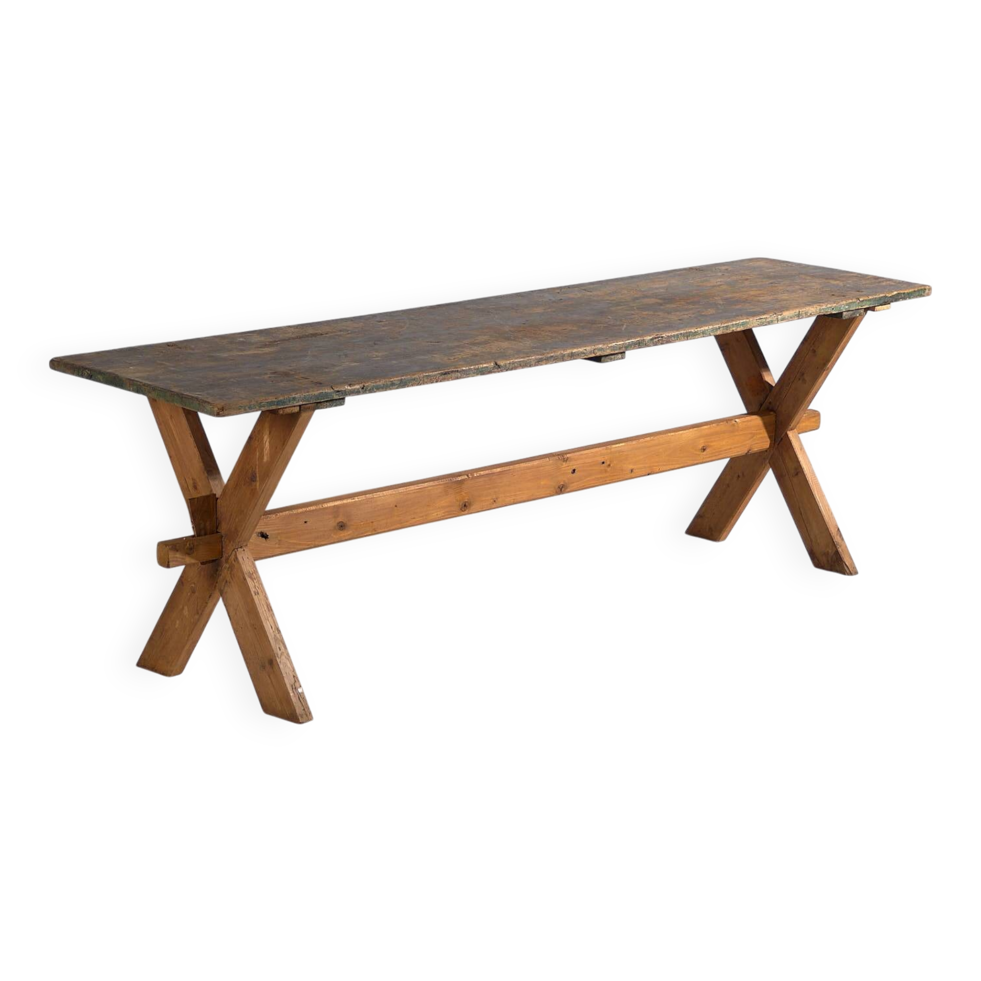 Antique solid wood table with green patina (c.1920)