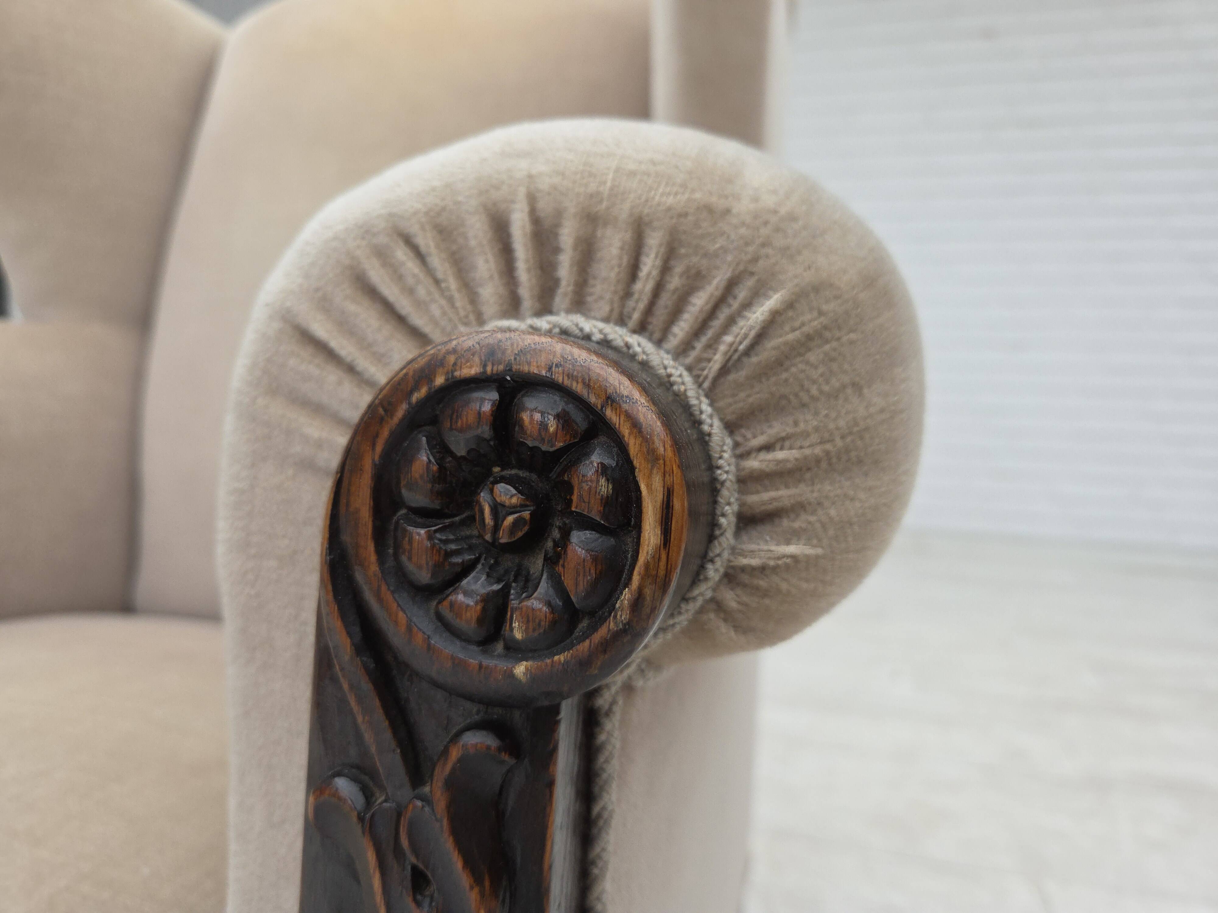 1960s, Danish wingback armchair, furniture velour, carved oak wood.