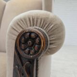 1960s, Danish wingback armchair, furniture velour, carved oak wood.