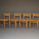 4 chaises de salle à manger en pin et jonc de mer dans le goût de Charlotte Perriand, années 1960