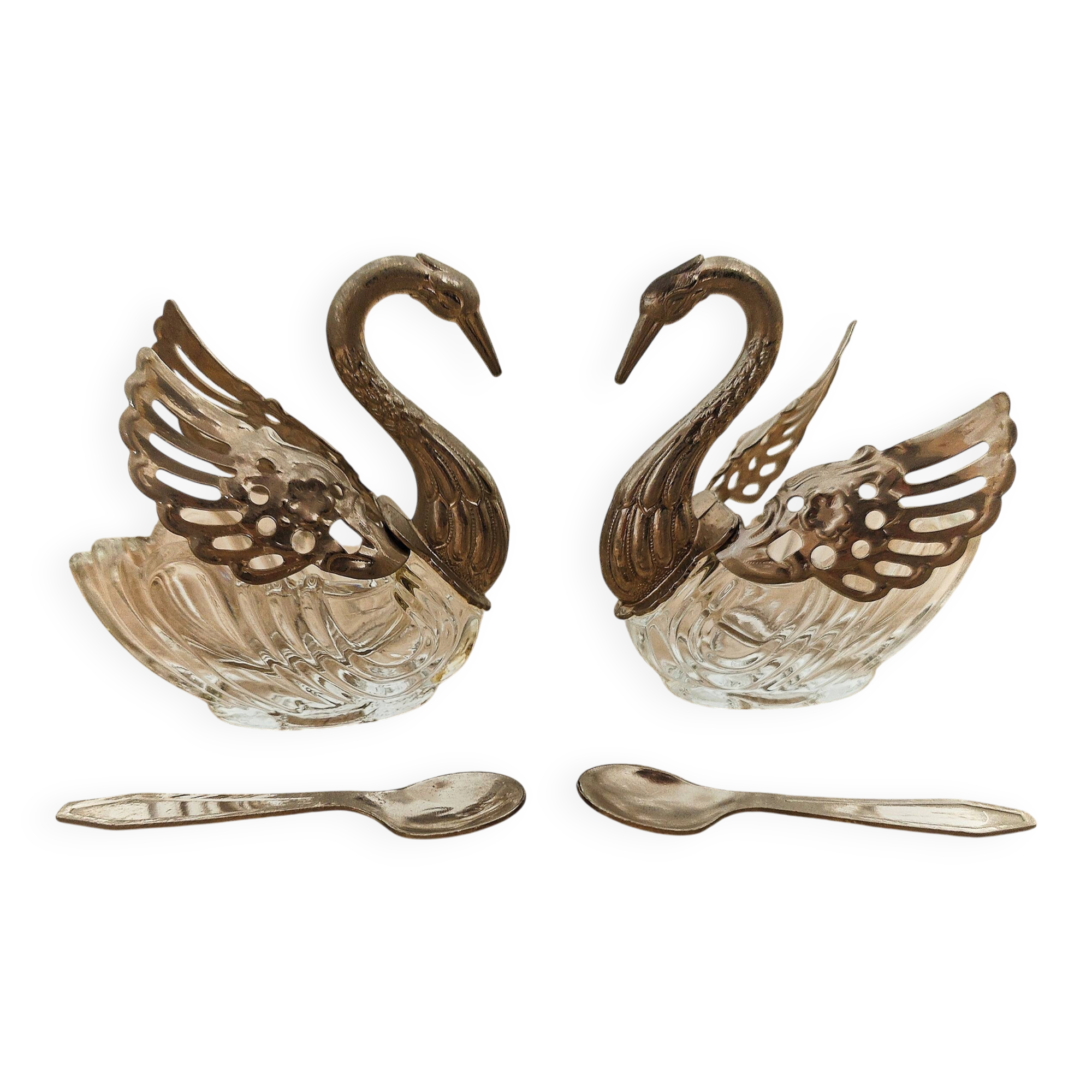 Pair of antique salt cellars swans silver-plated metal