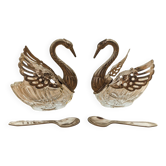 Pair of antique salt cellars swans silver-plated metal
