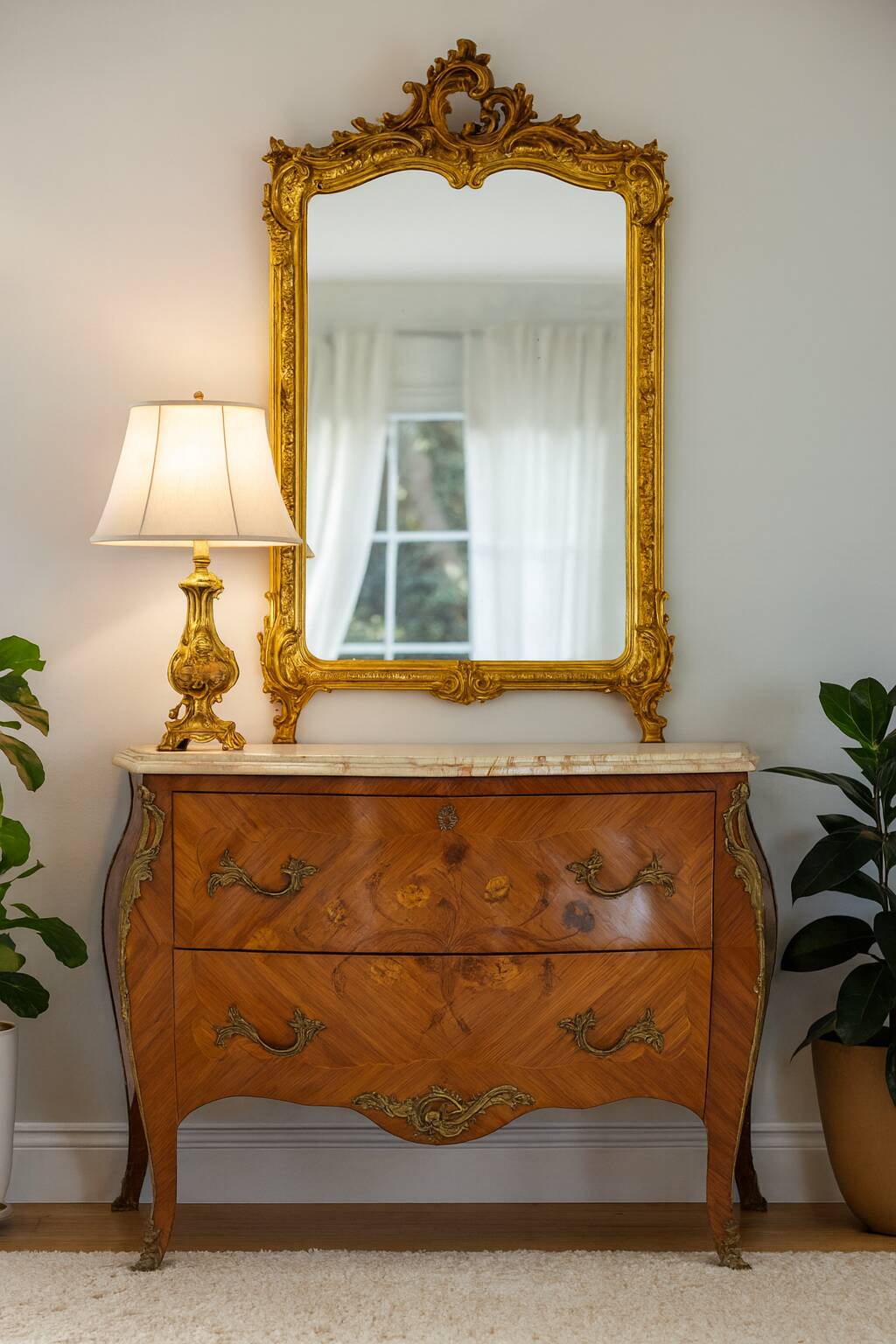 Louis XV style curved chest of drawers in marquetry