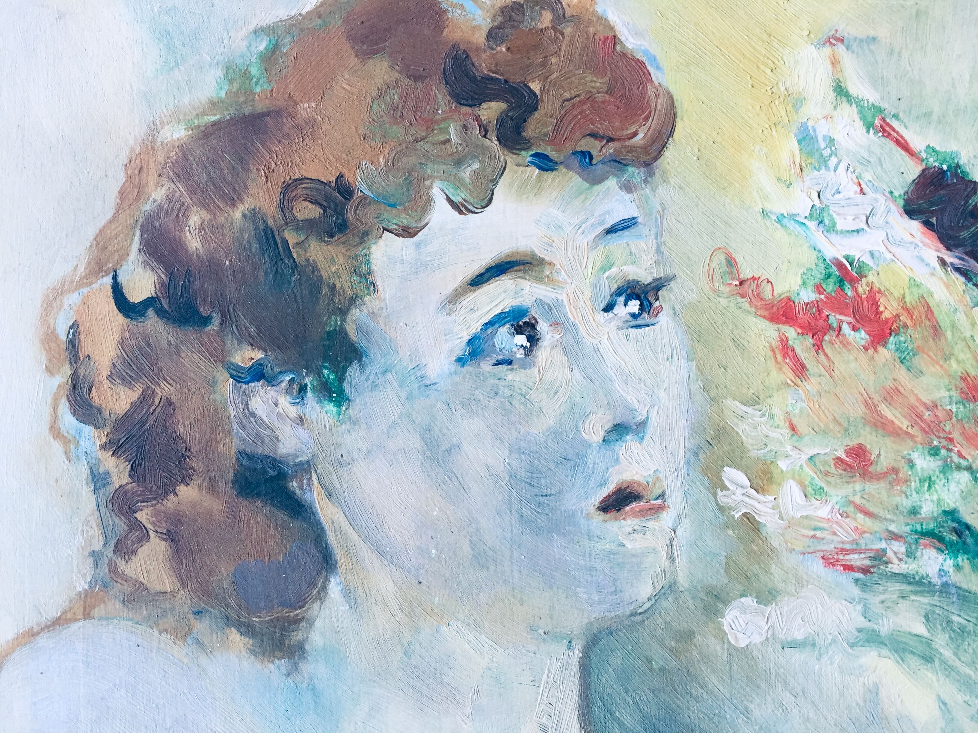 Huile sur bois portrait jeune femme 1948