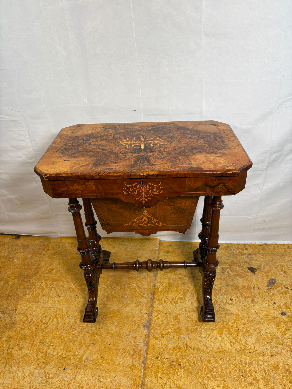A Romantic Victorian Burr Walnut Sewing & Work Table Mid–Late 19th Cen