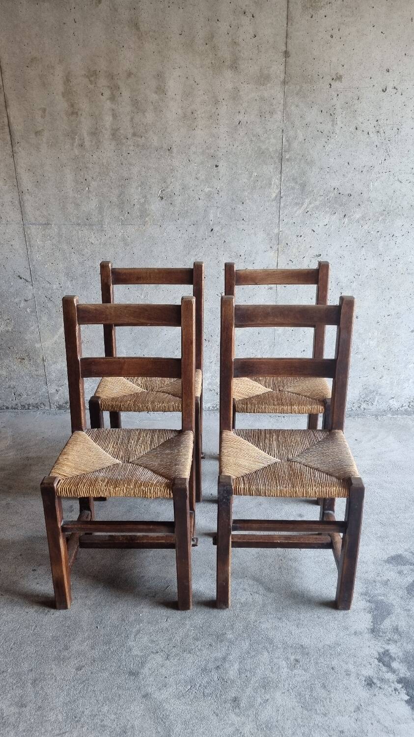 Set 4 chaises brutalistes paillees