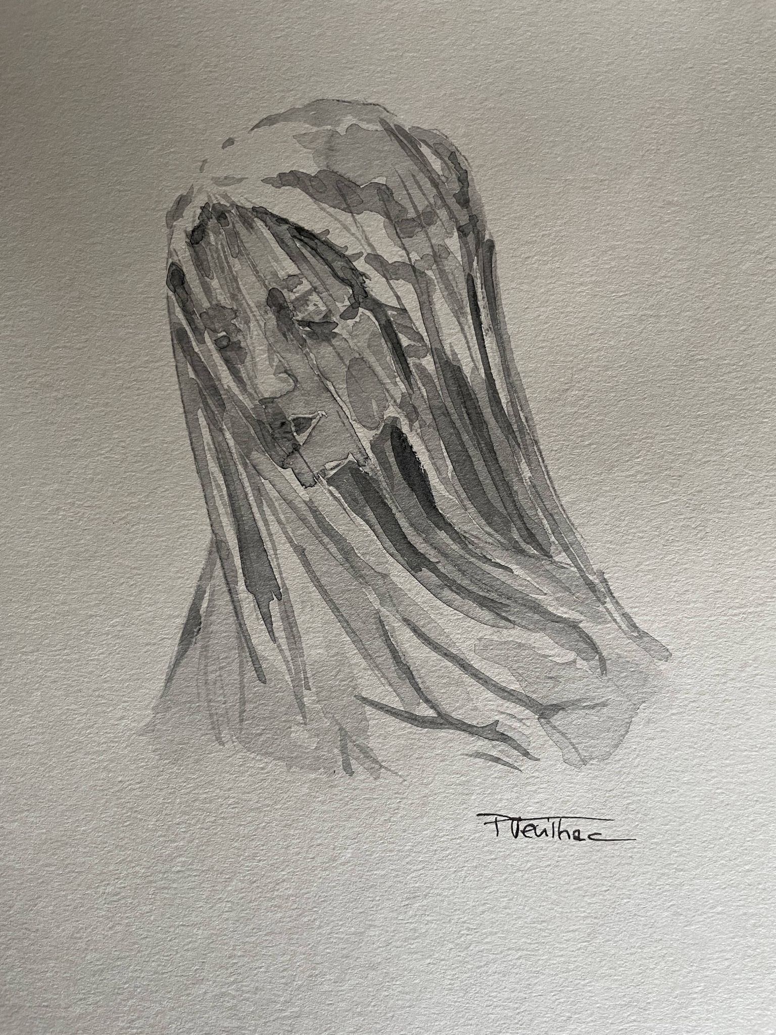 Painting signed watercolor monochrome sepia study statue of “the veiled virgin by Giovanni Strazza”