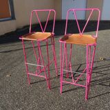 Pair of stools high bar stools metal and pink leather