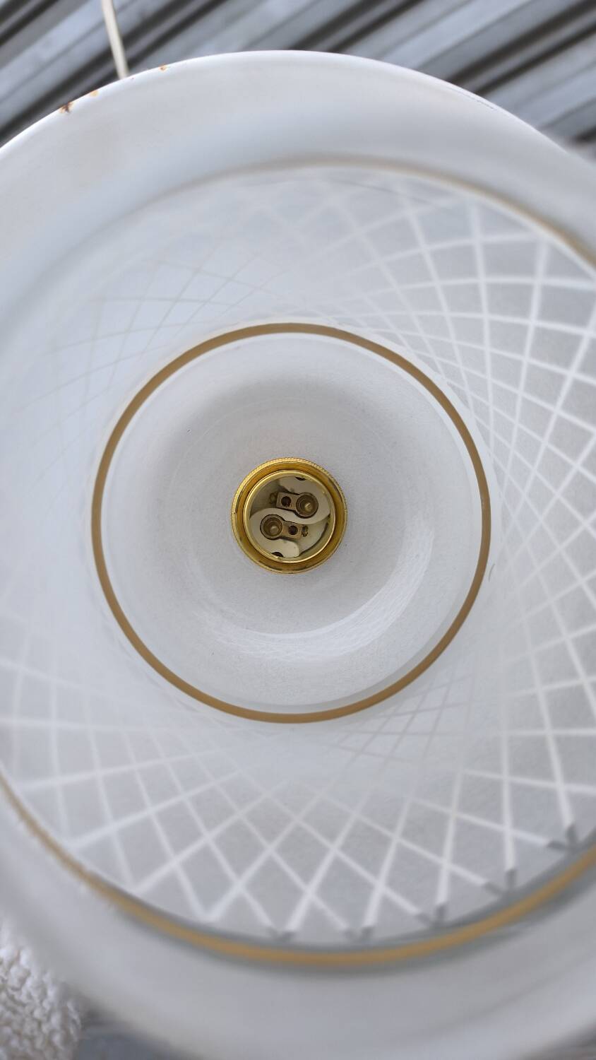 Pair of enamelled sheet metal and glass pendant lights