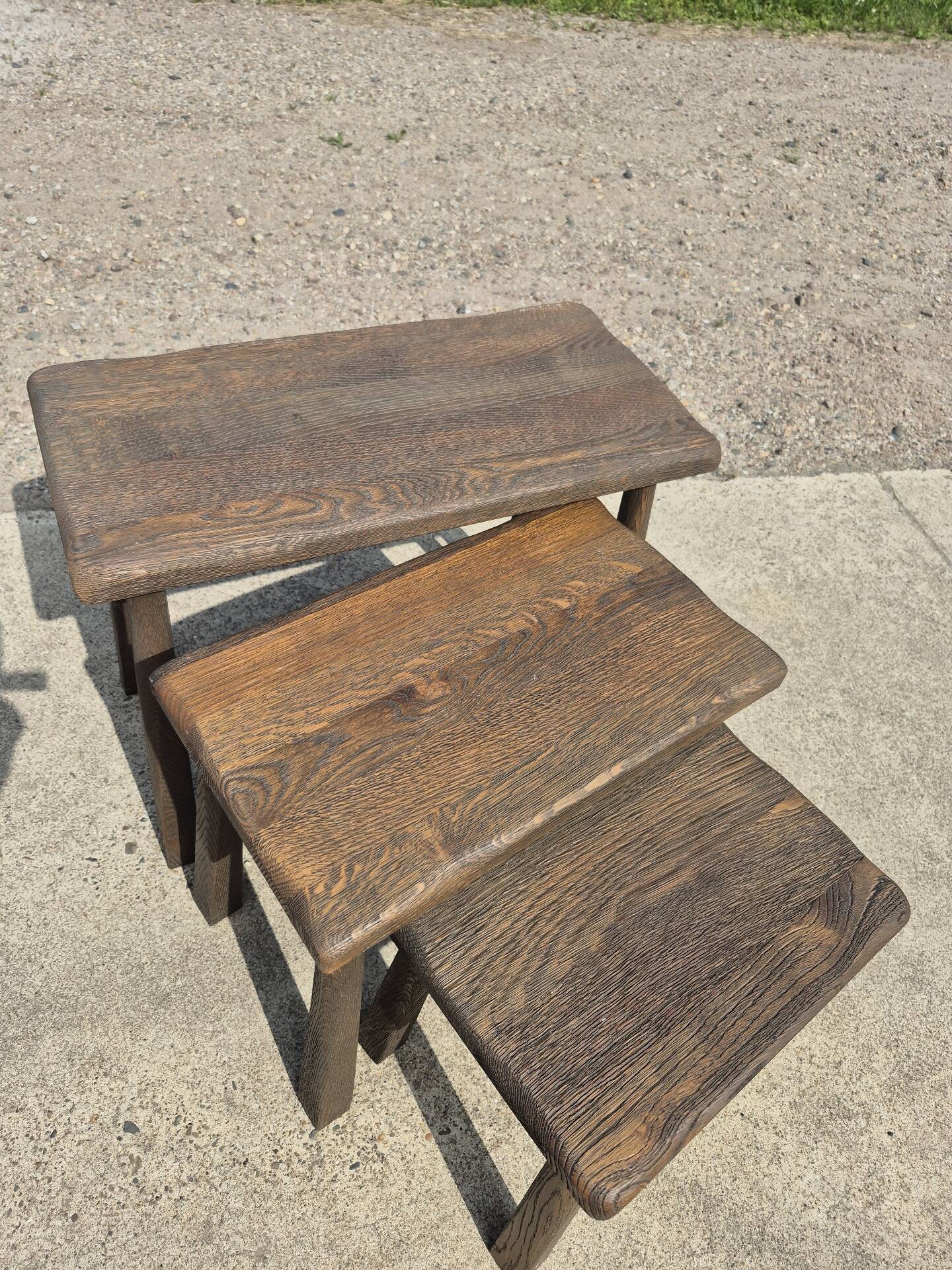 Set 3 nesting tables oak high legs 1970s dark brutalist