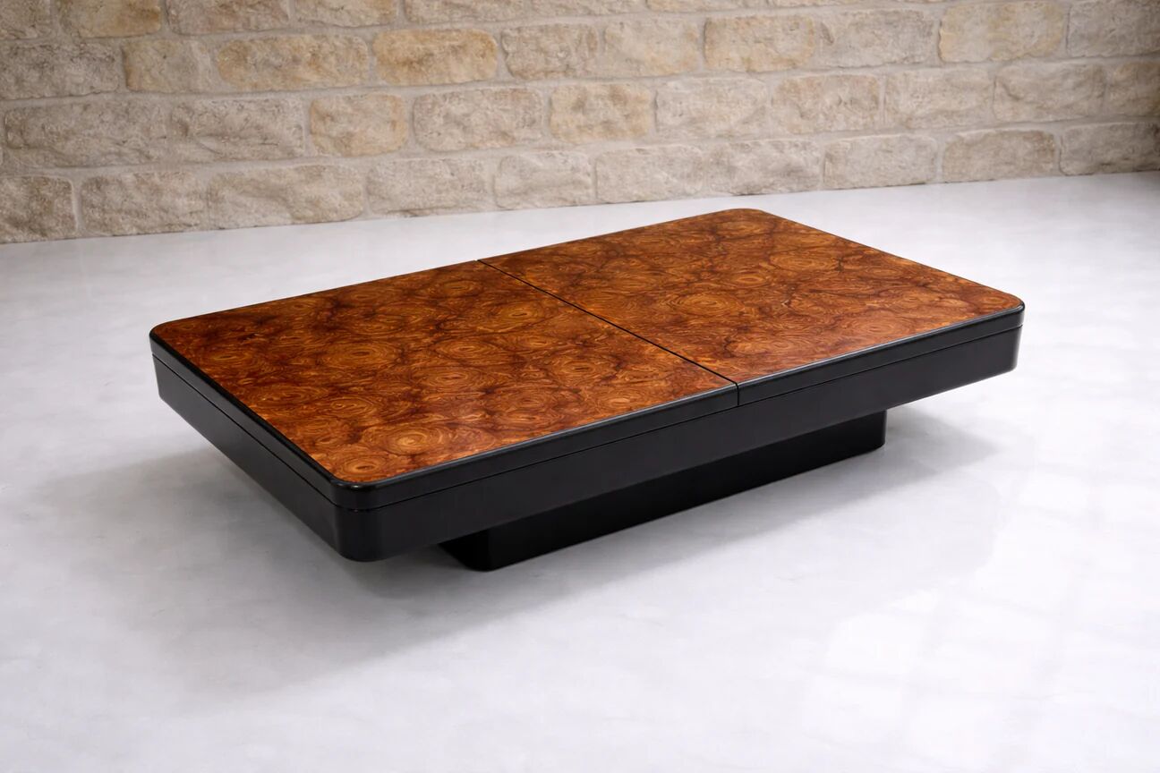 1970s bar coffee table by Willy Rizzo, elm burl.