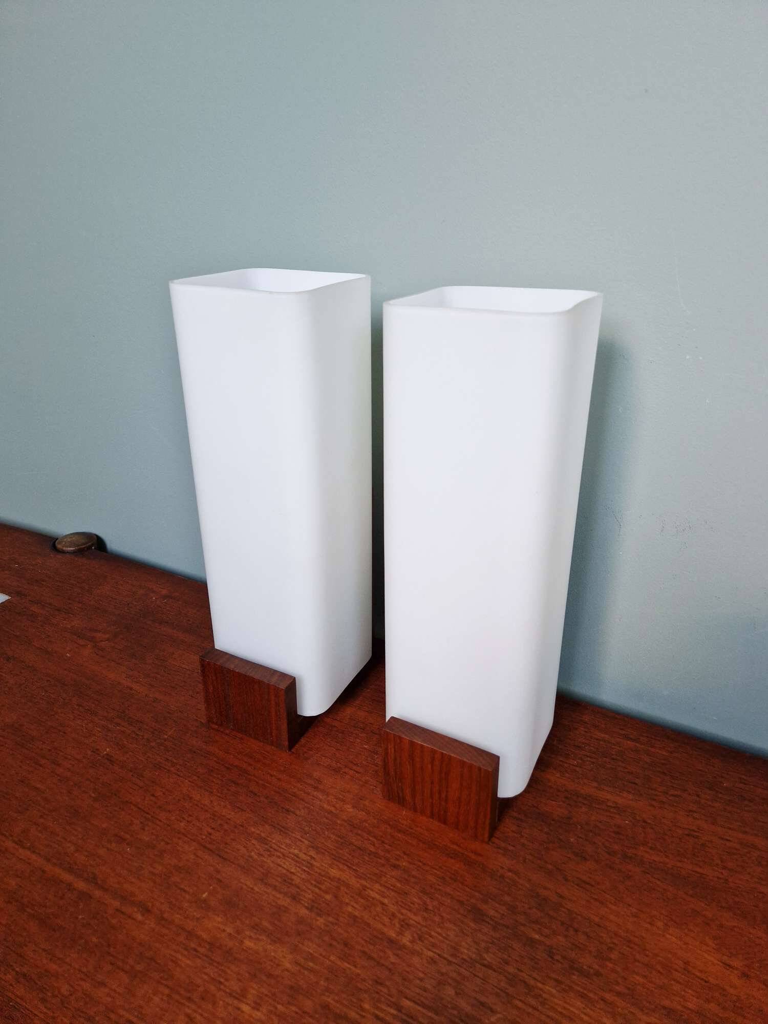 Pair of teak and white opaline wall lights, designed by Louis Kalff, 1960