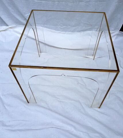 Coffee table in plexiglas, brass, marked ffr-usa, Jegab Sweden
