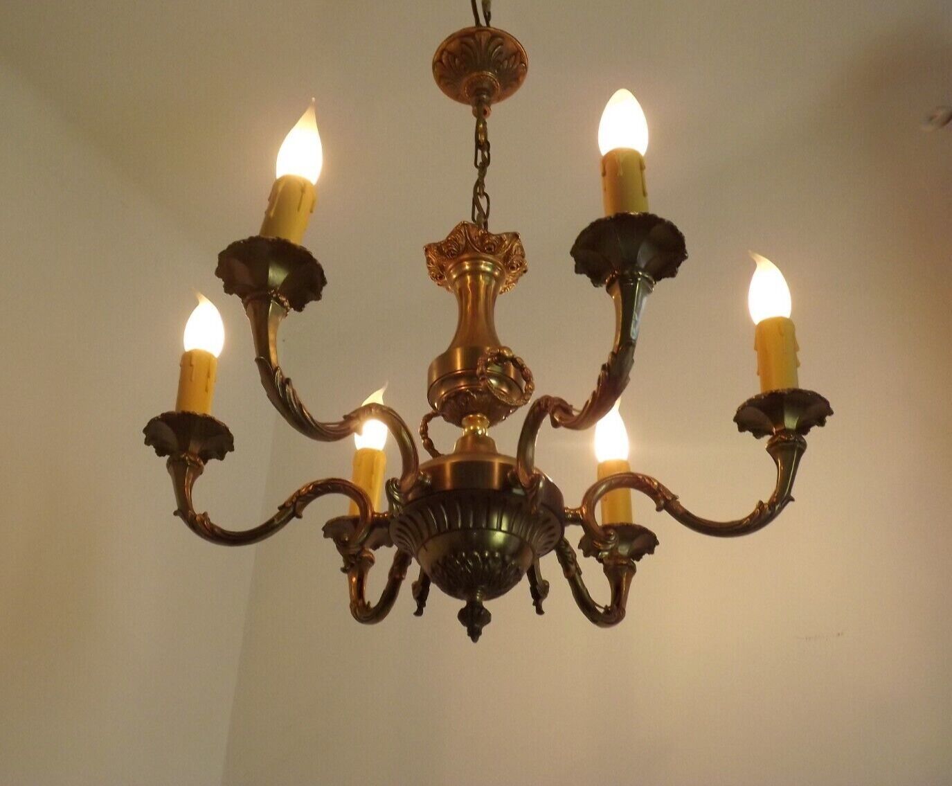French vintage heavy brass 6 light empire style chandelier