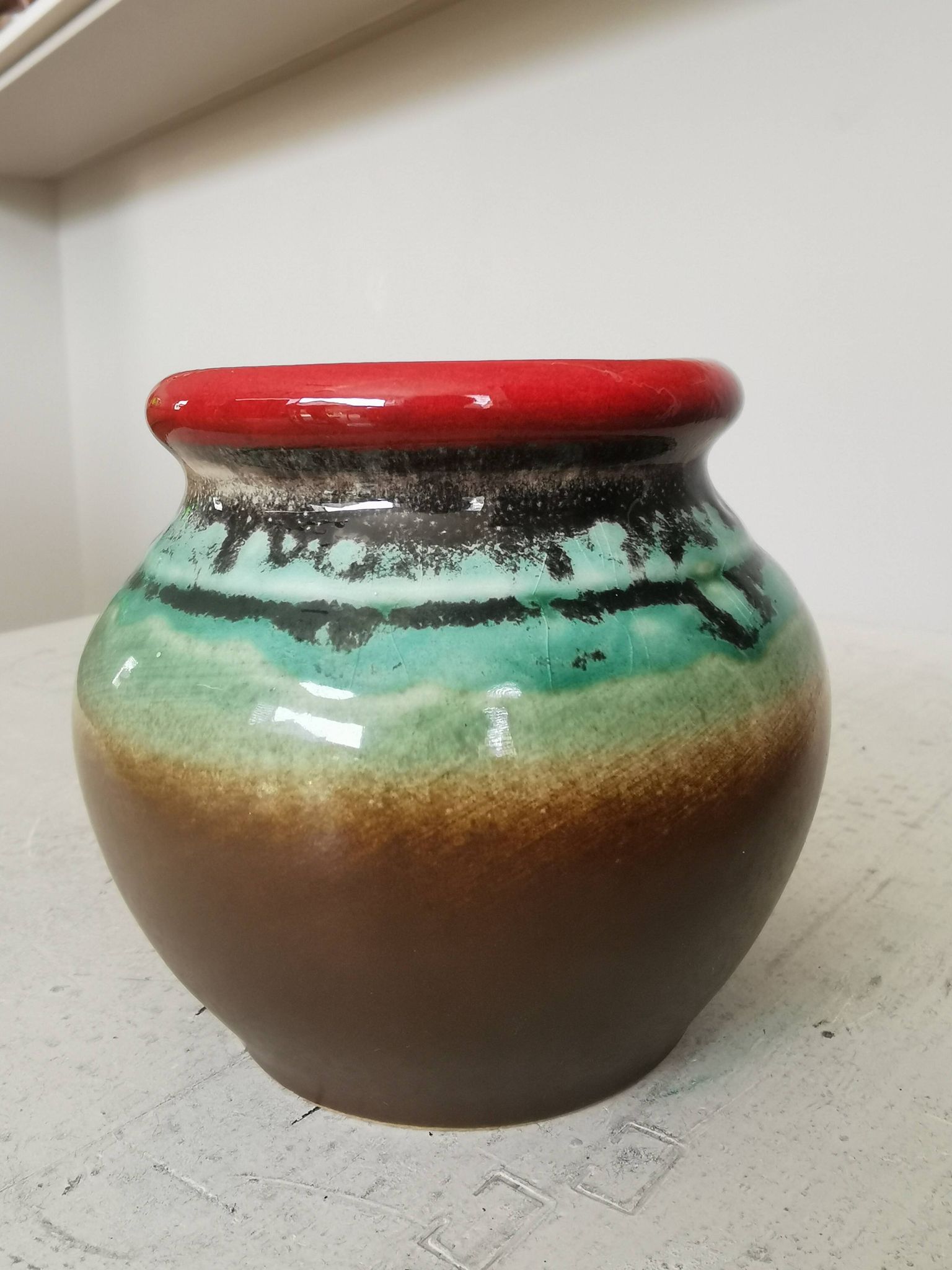 Vintage KIL Yugoslavia Pottery Vase: Brown, Turquoise & Red Rim, 1970s